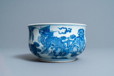 A Chinese blue and white 'mythical beasts' censer, Transitional period