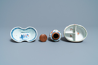 A Chinese doucai bowl, a famille verte spice box and a wucai tea caddy, Kangxi and later