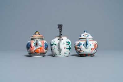 A Chinese famille verte teapot, an Imari-style teapot and an Amsterdam bont teapot, Kangxi and 19th C.