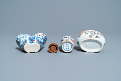 A Chinese doucai bowl, a famille verte spice box and a wucai tea caddy, Kangxi and later