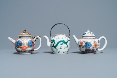 A Chinese famille verte teapot, an Imari-style teapot and an Amsterdam bont teapot, Kangxi and 19th C.