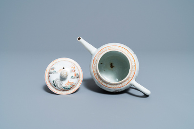 A fine Chinese 'landscape' teapot and a pair of cups and saucers, Yongzheng