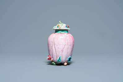 A Chinese famille rose 'lotus' tea caddy and cover, Yongzheng