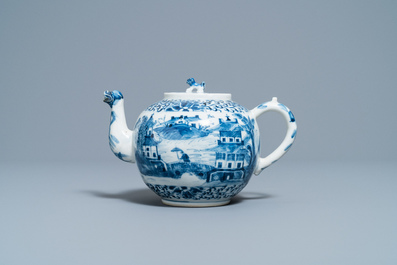 A Chinese blue and white teapot and cover with figures in a landscape, 19th C.