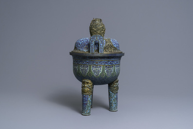 A large Chinese cloisonn&eacute; tripod censer and cover, Qianlong