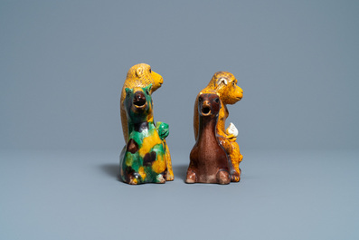 Two Chinese sancai-glazed 'monkey on deer' ewers, 19th C.