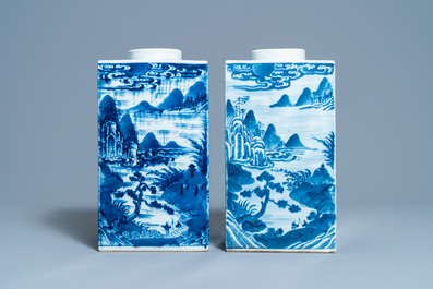 A pair of Chinese blue and white square 'landscape' jars, 19th C.