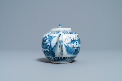 A Chinese blue and white teapot and cover with figures in a landscape, 19th C.