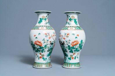 A pair of Chinese famille verte vases with birds among blossoming branches, Republic