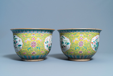 A pair of Chinese famille rose jardini&egrave;res on stands, 19th C.