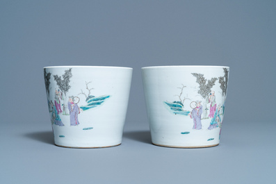 A pair of Chinese famille rose jardini&egrave;res and a Canton famille rose celadon dish, 19th C.