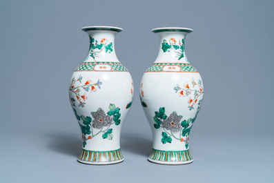 A pair of Chinese famille verte vases with birds among blossoming branches, Republic