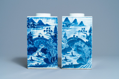 A pair of Chinese blue and white square 'landscape' jars, 19th C.