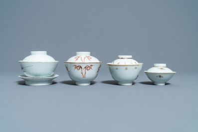 Eight Chinese famille rose and iron-red covered bowls with two stands, 19th C.