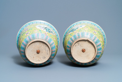 A pair of Chinese famille rose jardini&egrave;res on stands, 19th C.