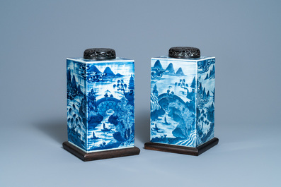 A pair of Chinese blue and white square 'landscape' jars, 19th C.