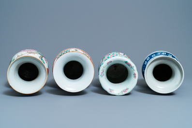 Three Chinese famille rose vases and one in blue and white, 19th C.