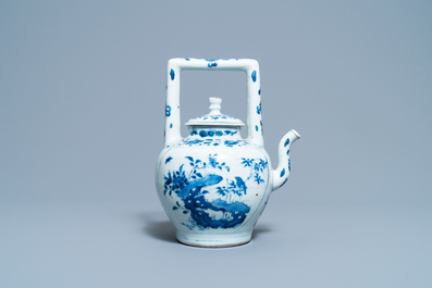 A large Chinese blue and white 'birds' wine ewer and cover, Transitional period