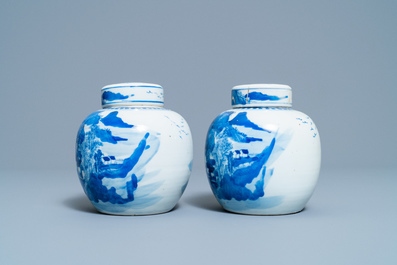 A pair of Chinese blue and white covered jars and a pair of famille rose vases, 19th C.