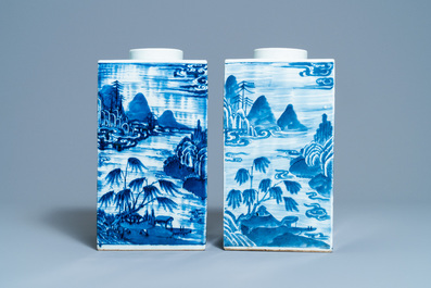 A pair of Chinese blue and white square 'landscape' jars, 19th C.