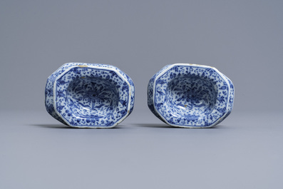 A pair of Dutch Delft blue and white salt cellars, 18th C.