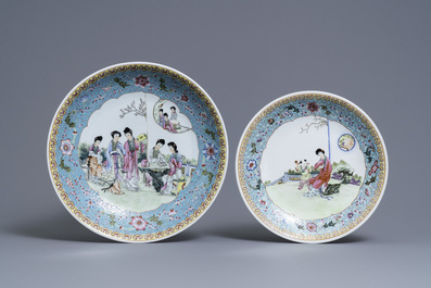 Two Chinese famille rose dishes with ladies in a garden, Qianlong mark, Republic