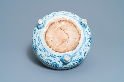 A Chinese blue and white tripod censer with floral design, Ming