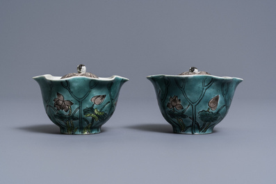 A pair of Chinese verte biscuit lotus-shaped trick cups, 19th C.