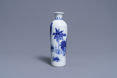 A Chinese blue and white rouleau vase with a figure in a landscape, Transitional period