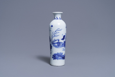 A Chinese blue and white rouleau vase with a figure in a landscape, Transitional period