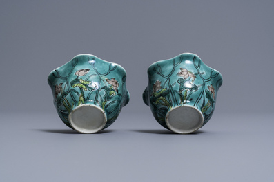 A pair of Chinese verte biscuit lotus-shaped trick cups, 19th C.