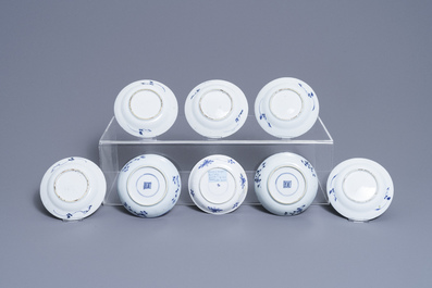 Eight Chinese blue and white cups and saucers, Kangxi