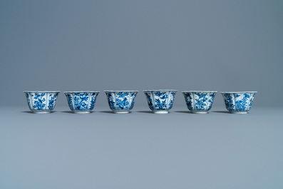 Six Chinese blue and white cups and saucers, Kangxi