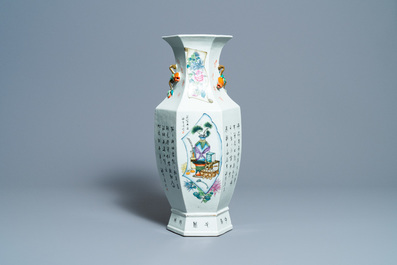 A Chinese hexagonal qianjiang cai vase, 19th C.