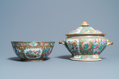 A Chinese Canton famille rose bowl and a tureen on stand, 19th C