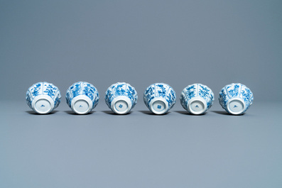 Six Chinese blue and white cups and saucers, Kangxi