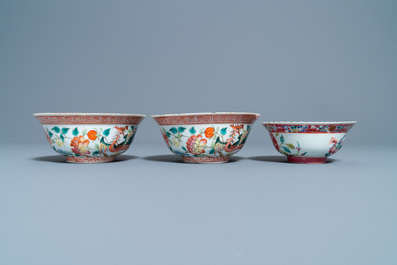 Three Chinese famille rose plates and three bowls for the Straits or Peranakan market, 19th C.