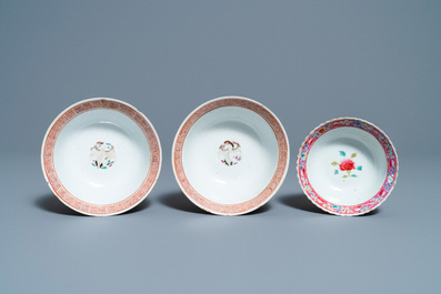 Three Chinese famille rose plates and three bowls for the Straits or Peranakan market, 19th C.