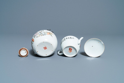 Two Chinese qianjiang cai teapots and a four-tier stacking jar, 19/20th C.