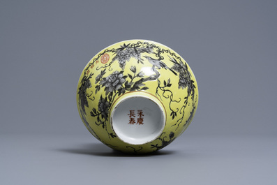 A Chinese grisaille yellow-ground Dayazhai bowl, Yong Qing Cang Chun mark, Guangxu