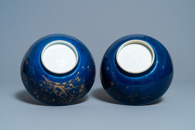 Three Chinese gilt-decorated monochrome blue bowls, Kangxi