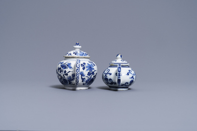 Two Dutch Delft blue and white teapots and covers, 18th C.