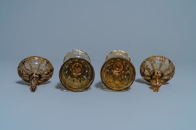 A pair of Russian or Eastern-European gilt copper and glass-inlaid glass goblets and covers, 19th C.