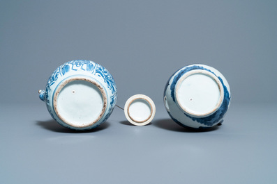 A collection of Chinese and Japanese blue and white cups and saucers and two ewers, Wanli and later