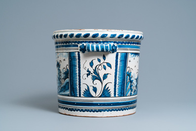 A large blue, white and manganese 'landscape' jardini&egrave;re, Nevers, France, 18th C.