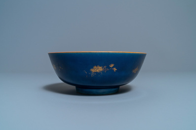 Three Chinese gilt-decorated monochrome blue bowls, Kangxi