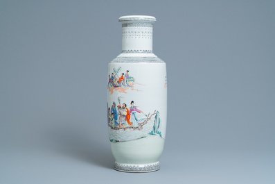 A Chinese famille rose rouleau vase with figures in a garden, Republic