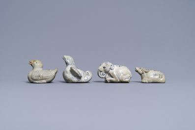 Four Vietnamese or Annamese blue and white water droppers in the shape of animals, 16/17th C.