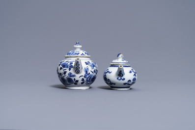 Two Dutch Delft blue and white teapots and covers, 18th C.