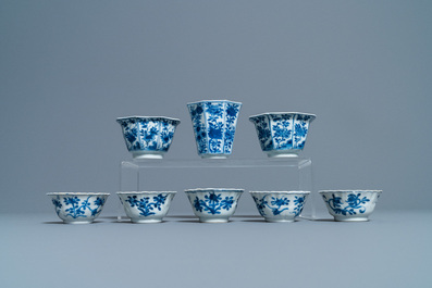 Nineteen Chinese blue and white cups and twenty-one saucers, Kangxi and later